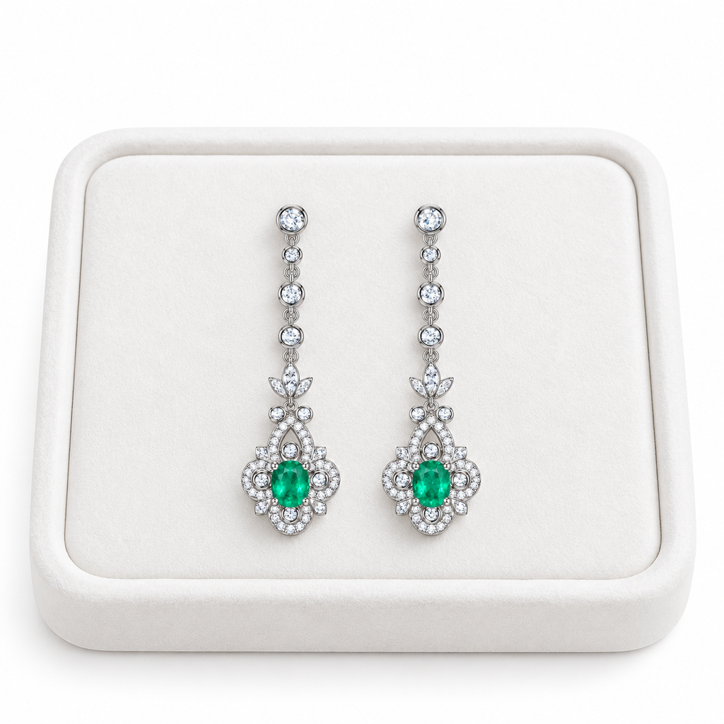 Natural Emerald 4x5mm Oval Vintage Chandelier Dangle Earrings in 925 Sterling Silver