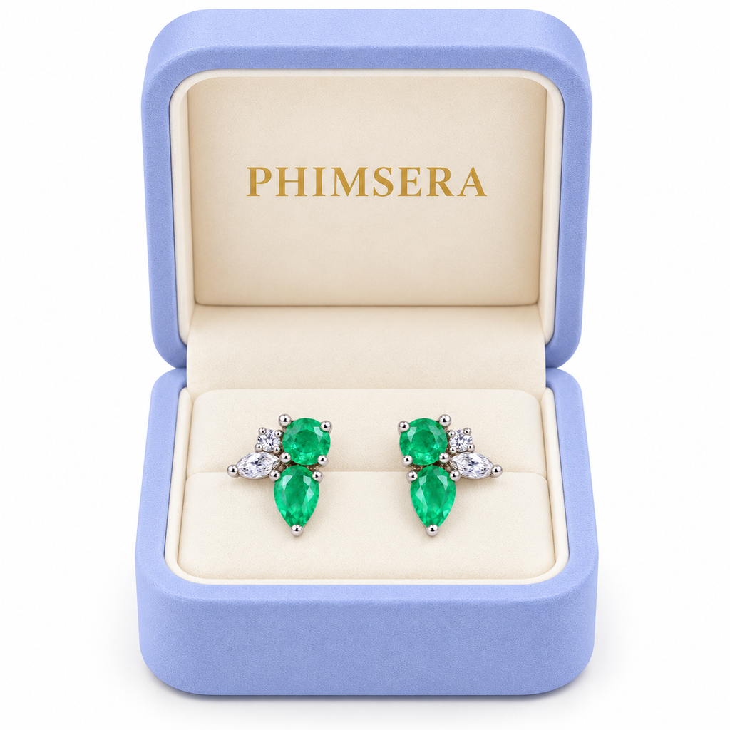 Natural Emerald Round and Pear Cut Floral Stud Earrings in 925 Sterling Silver with CZ