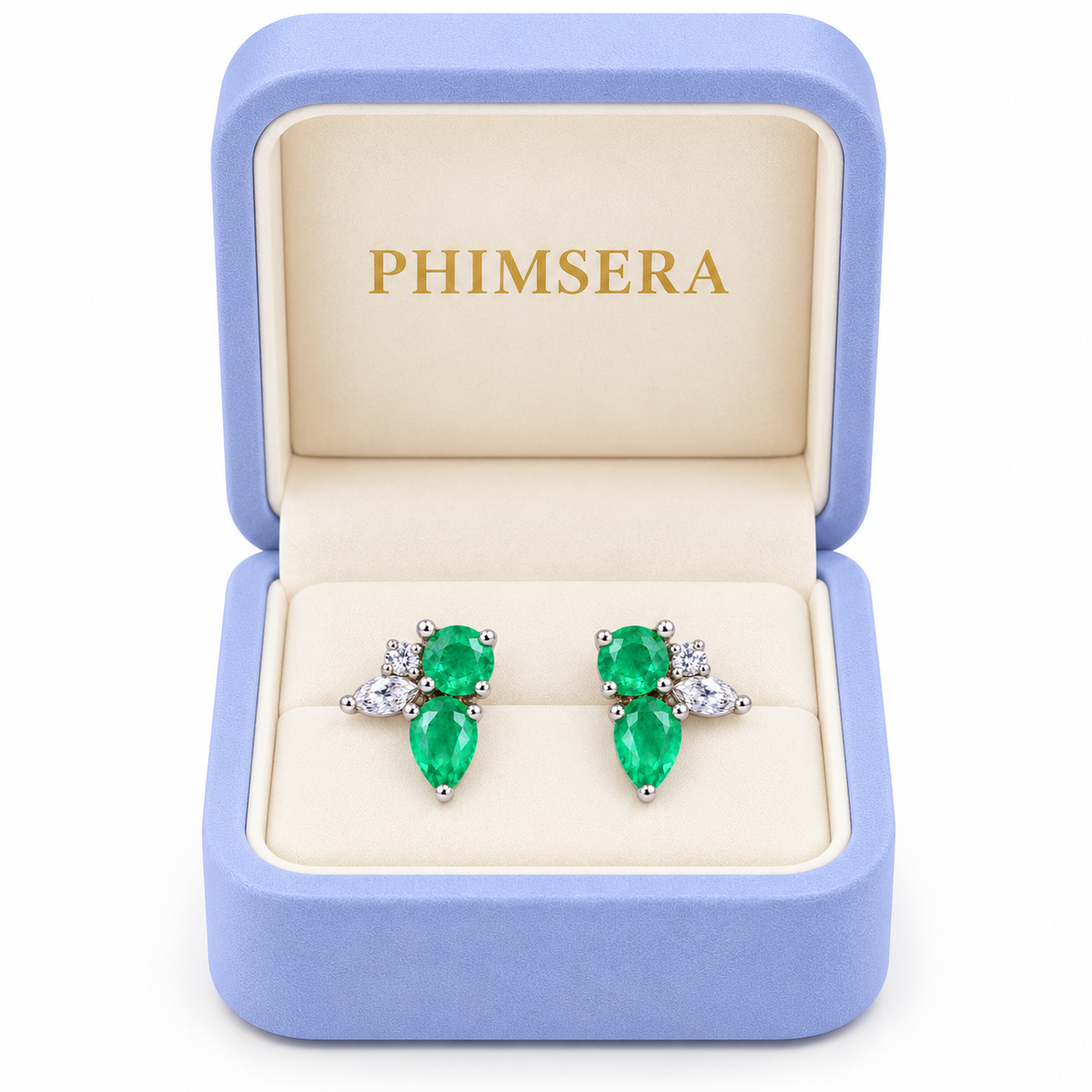 Natural Emerald Round and Pear Cut Floral Stud Earrings in 925 Sterling Silver with CZ
