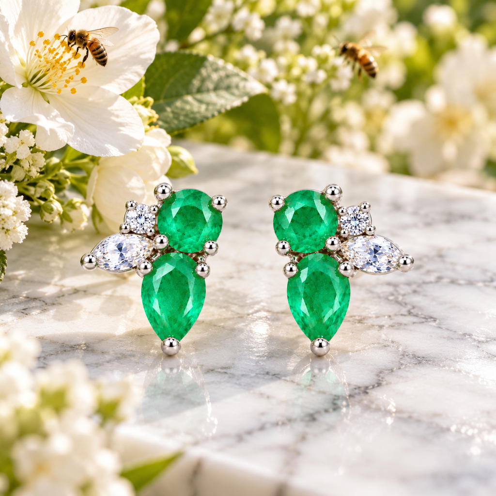 Natural Emerald Round and Pear Cut Floral Stud Earrings in 925 Sterling Silver with CZ