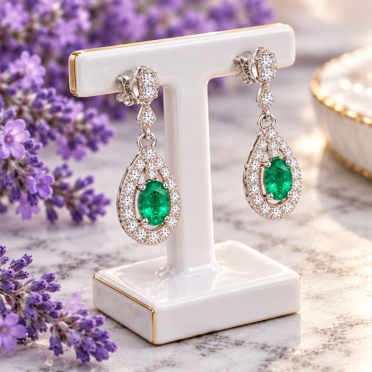 Natural Emerald 4x5mm Oval Teardrop Halo Dangle Earrings in 925 Sterling Silver with CZ