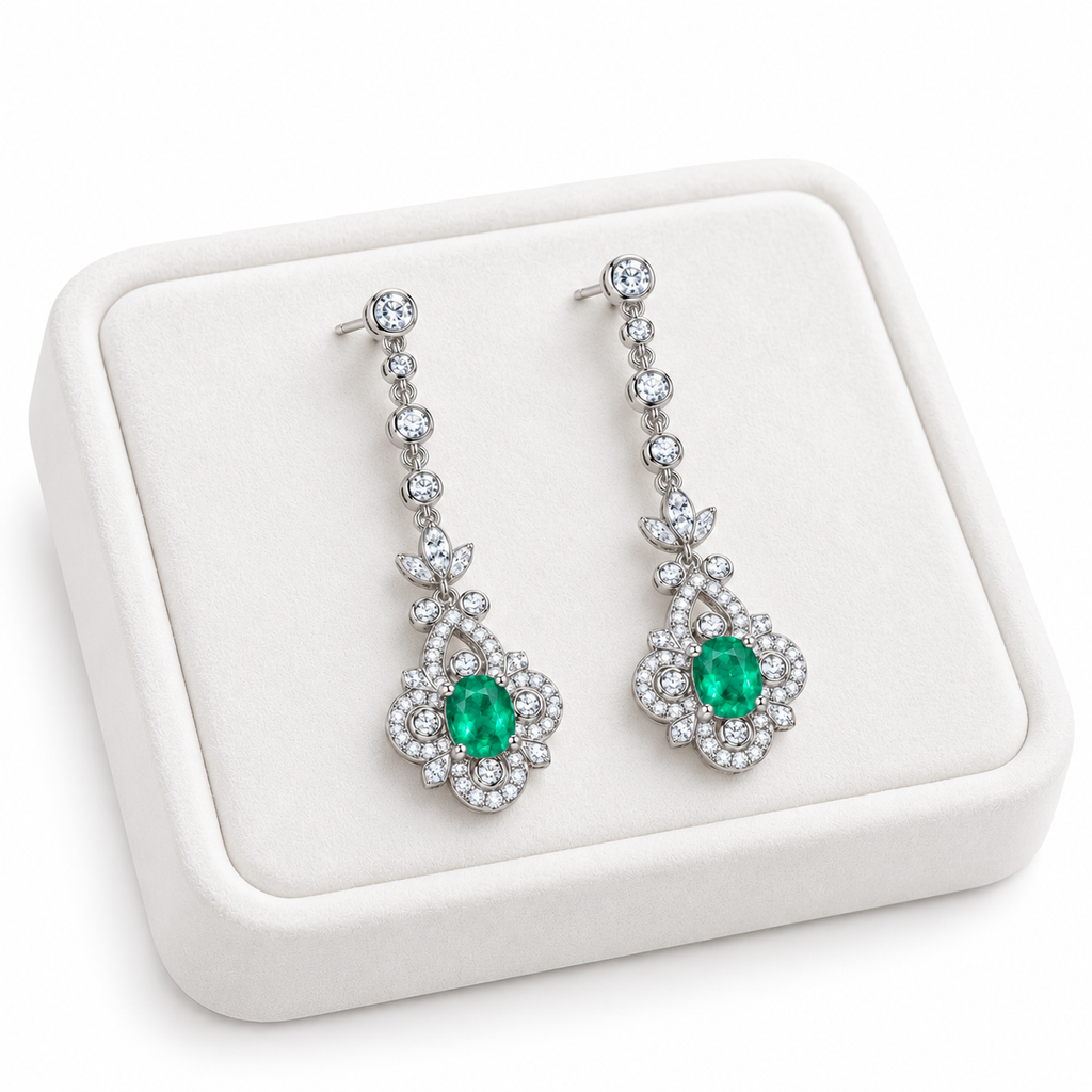 Natural Emerald 4x5mm Oval Vintage Chandelier Dangle Earrings in 925 Sterling Silver