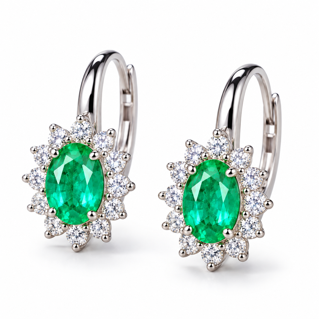Natural Emerald 4x5mm Oval Halo Huggie Hoop Earrings in 925 Sterling Silver with CZ
