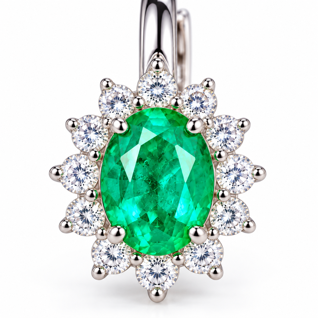 Natural Emerald 4x5mm Oval Halo Huggie Hoop Earrings in 925 Sterling Silver with CZ