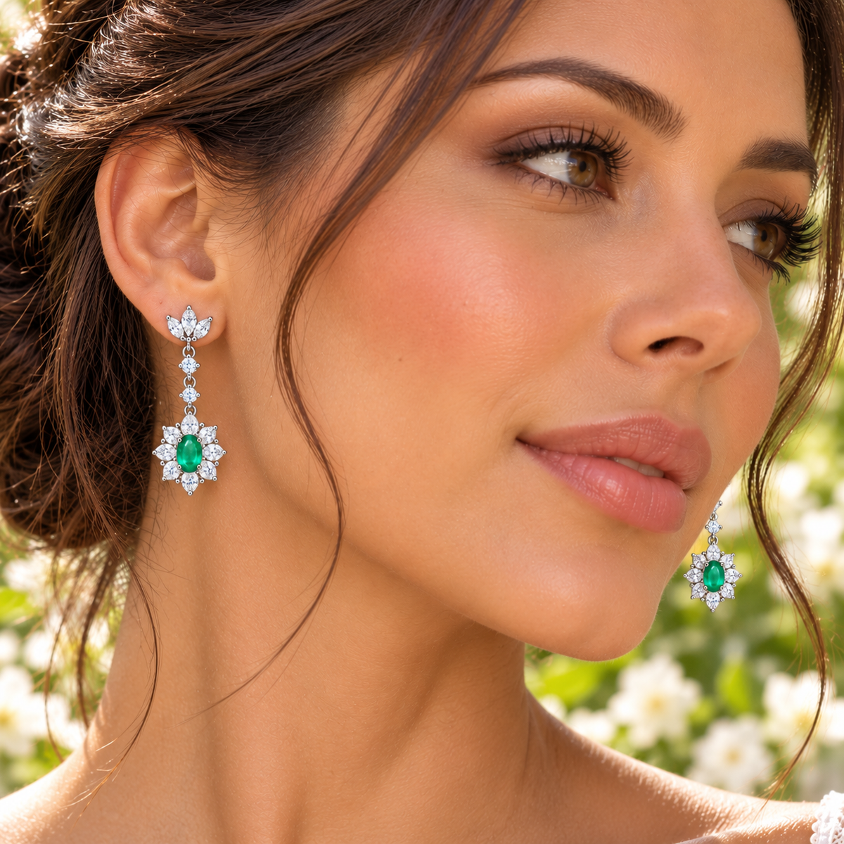 Natural Emerald 4x6mm Oval Floral Halo Dangle Earrings in 925 Sterling Silver with CZ