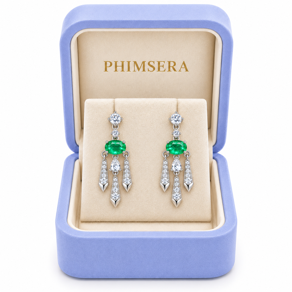 Natural Emerald 4x6mm Oval Chandelier Dangle Earrings in 925 Sterling Silver with CZ