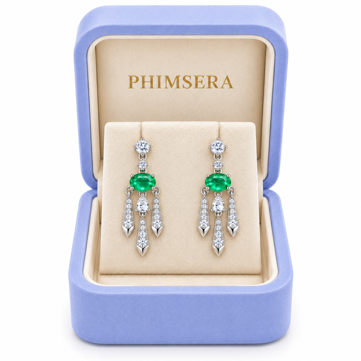 Natural Emerald 4x6mm Oval Chandelier Dangle Earrings in 925 Sterling Silver with CZ
