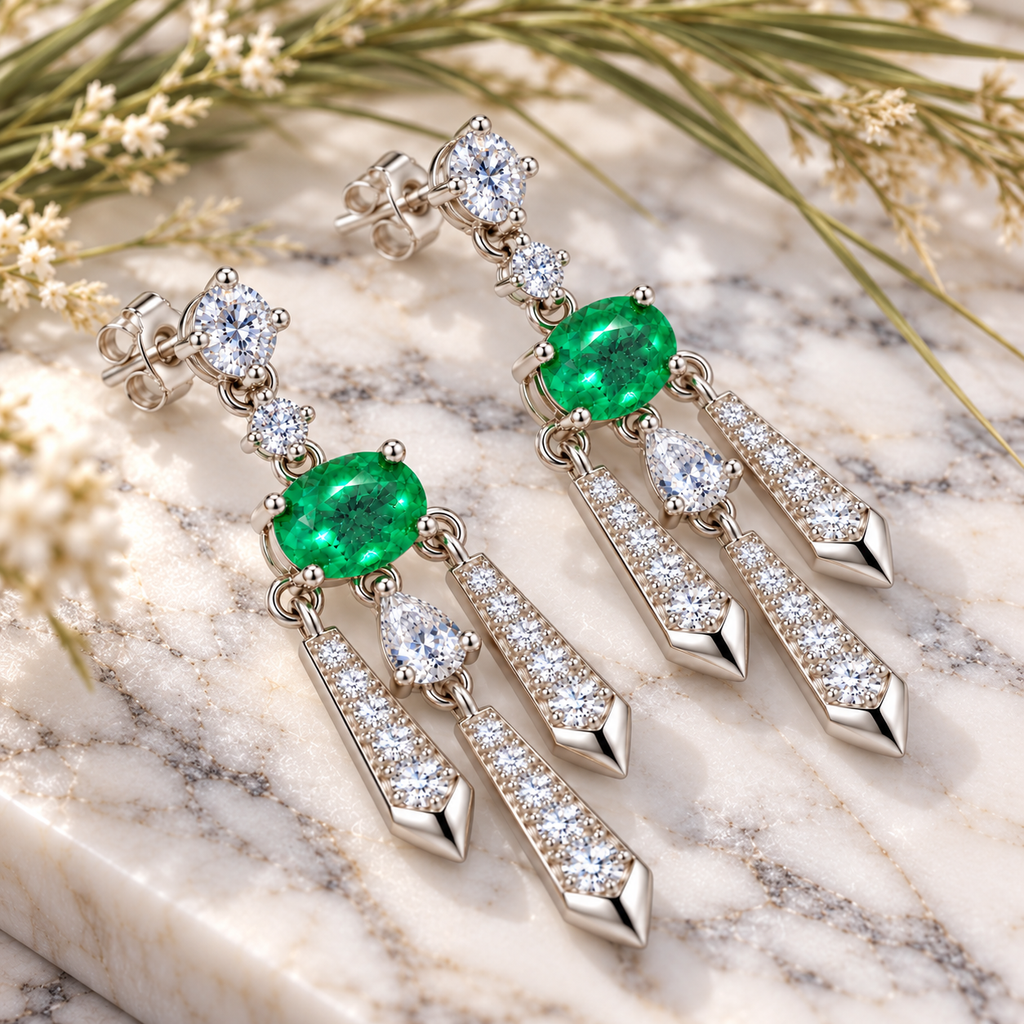 Natural Emerald 4x6mm Oval Chandelier Dangle Earrings in 925 Sterling Silver with CZ