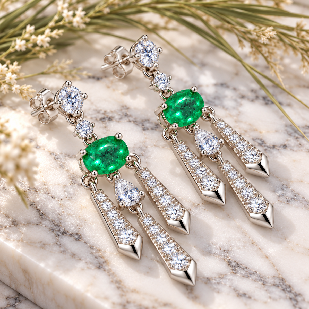 Natural Emerald 4x6mm Oval Chandelier Dangle Earrings in 925 Sterling Silver with CZ