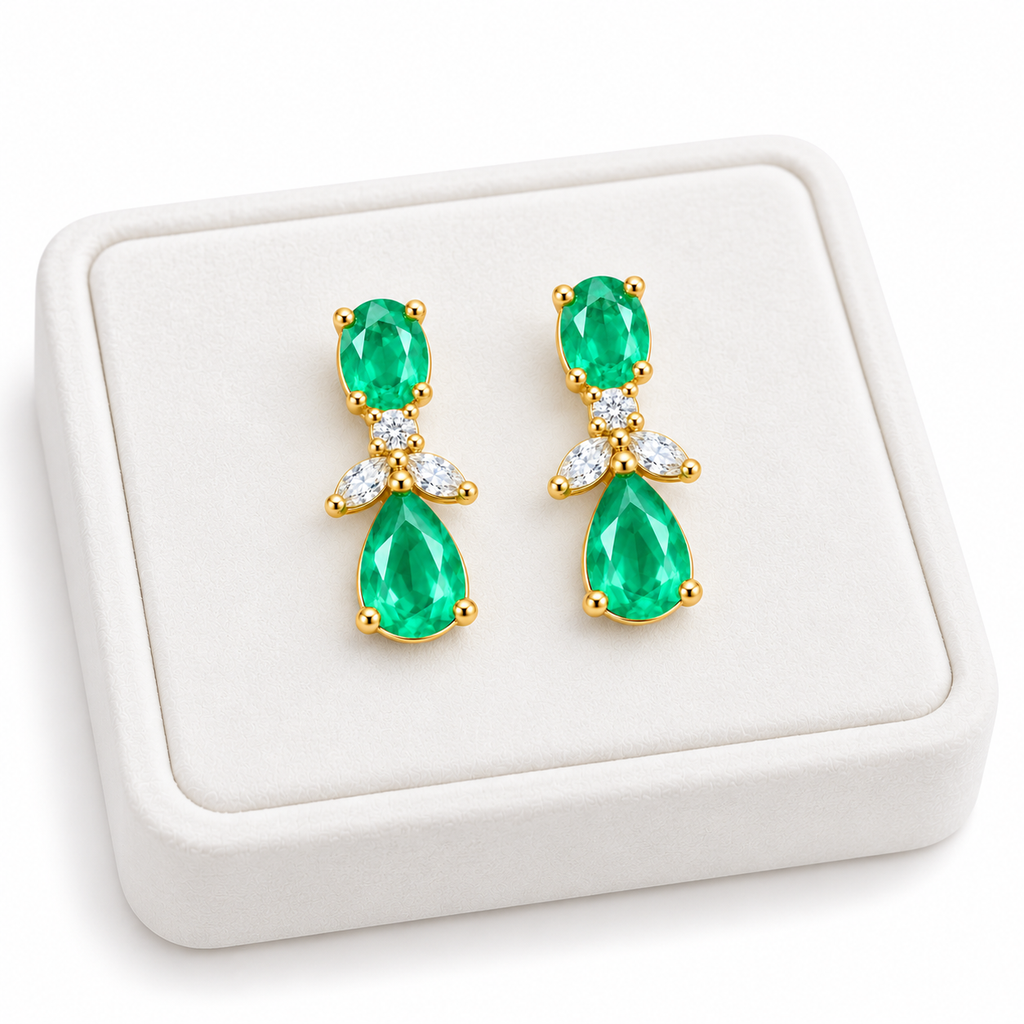 Natural Emerald 4x6mm Oval and Pear Cut Drop Earrings in Gold Plated 925 Sterling Silver