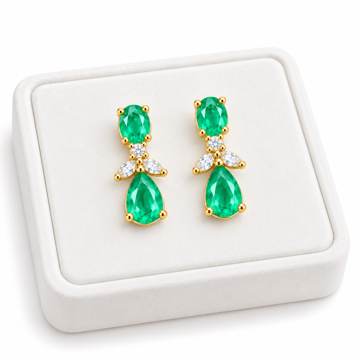 Natural Emerald 4x6mm Oval and Pear Cut Drop Earrings in Gold Plated 925 Sterling Silver