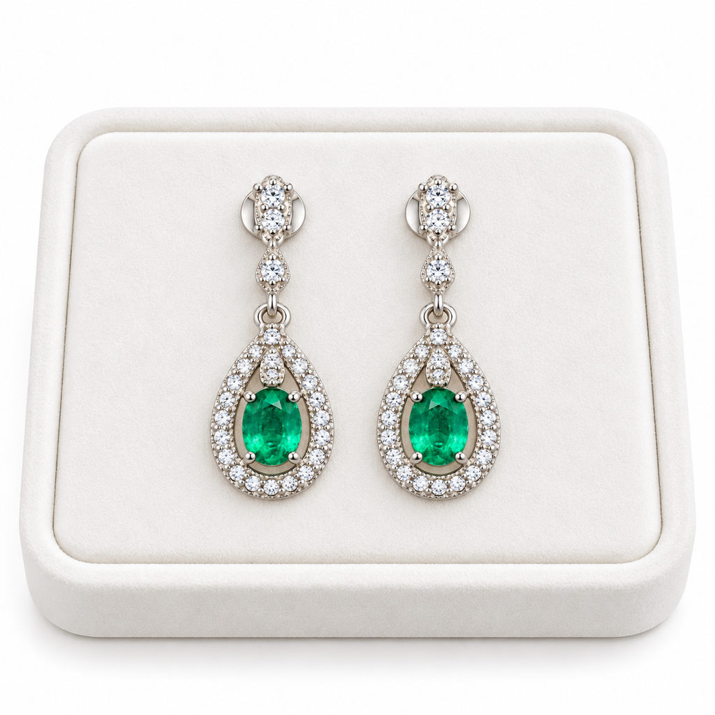 Natural Emerald 4x5mm Oval Teardrop Halo Dangle Earrings in 925 Sterling Silver with CZ