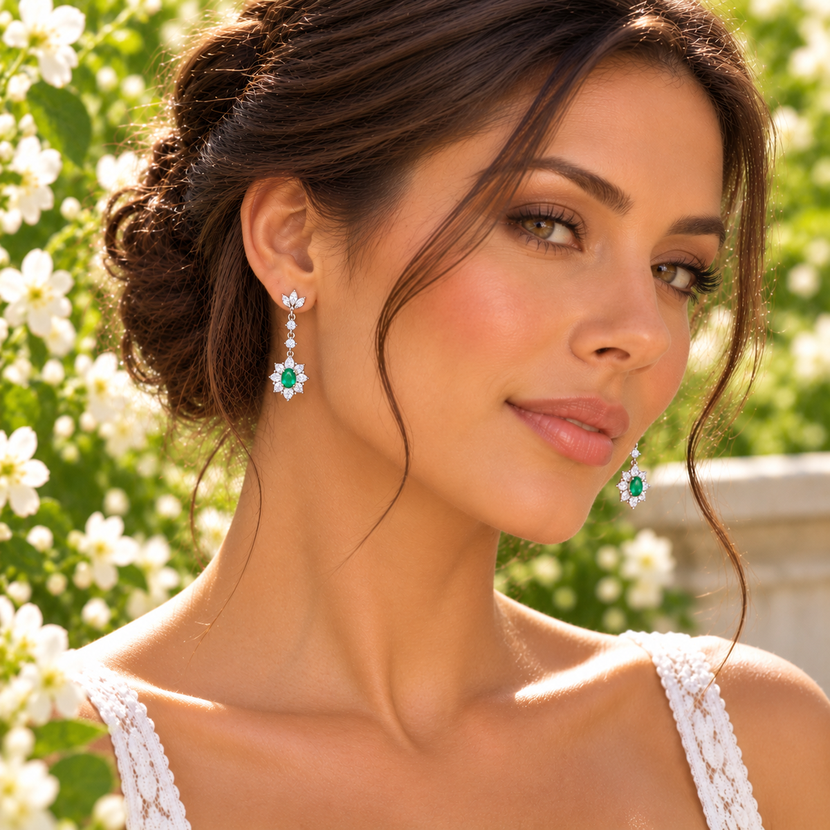 Natural Emerald 4x6mm Oval Floral Halo Dangle Earrings in 925 Sterling Silver with CZ