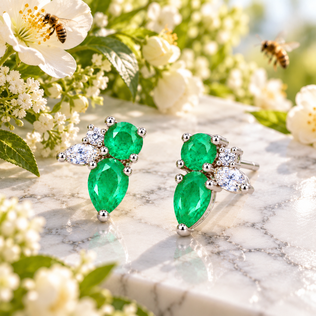 Natural Emerald Round and Pear Cut Floral Stud Earrings in 925 Sterling Silver with CZ