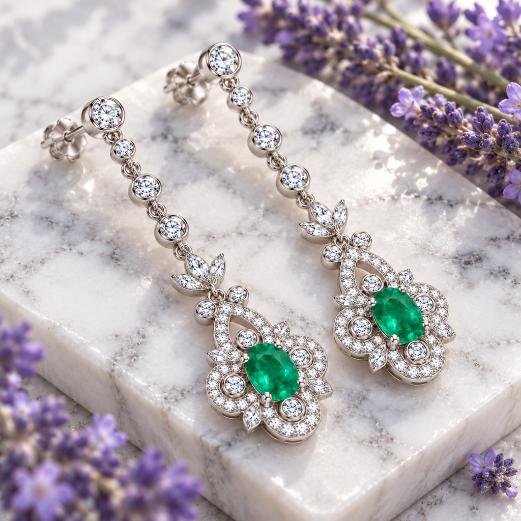 Natural Emerald 4x5mm Oval Vintage Chandelier Dangle Earrings in 925 Sterling Silver