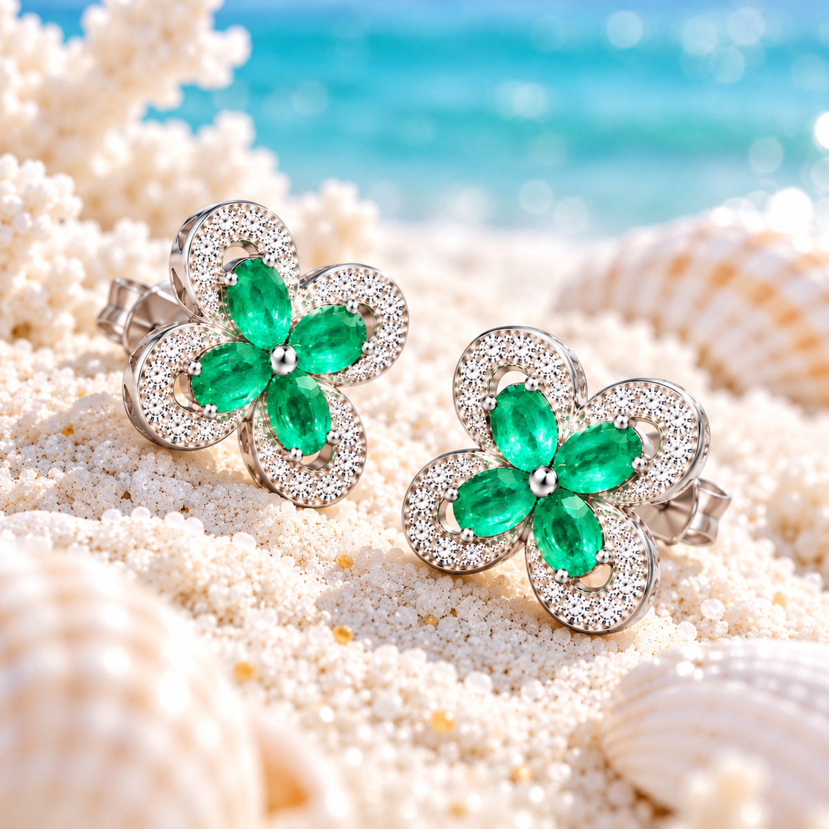 Natural Emerald 3x4mm Oval Four Leaf Clover Flower Stud Earrings in 925 Sterling Silver