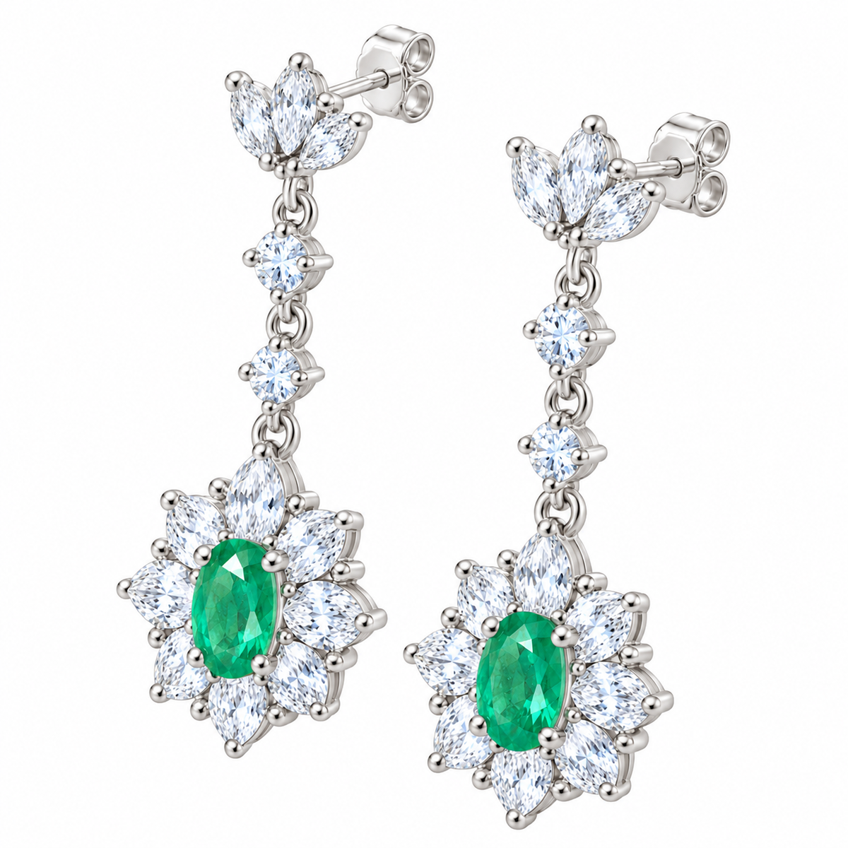 Natural Emerald 4x6mm Oval Floral Halo Dangle Earrings in 925 Sterling Silver with CZ