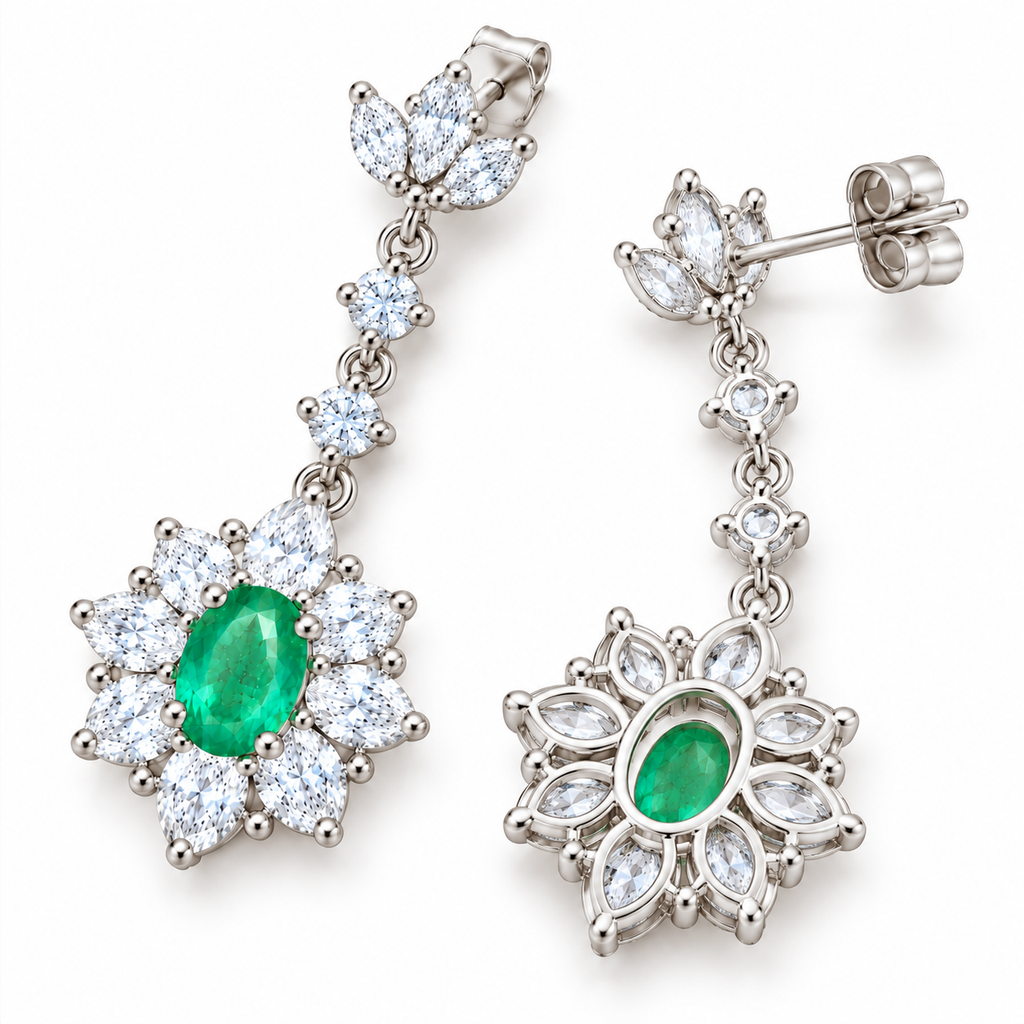 Natural Emerald 4x6mm Oval Floral Halo Dangle Earrings in 925 Sterling Silver with CZ
