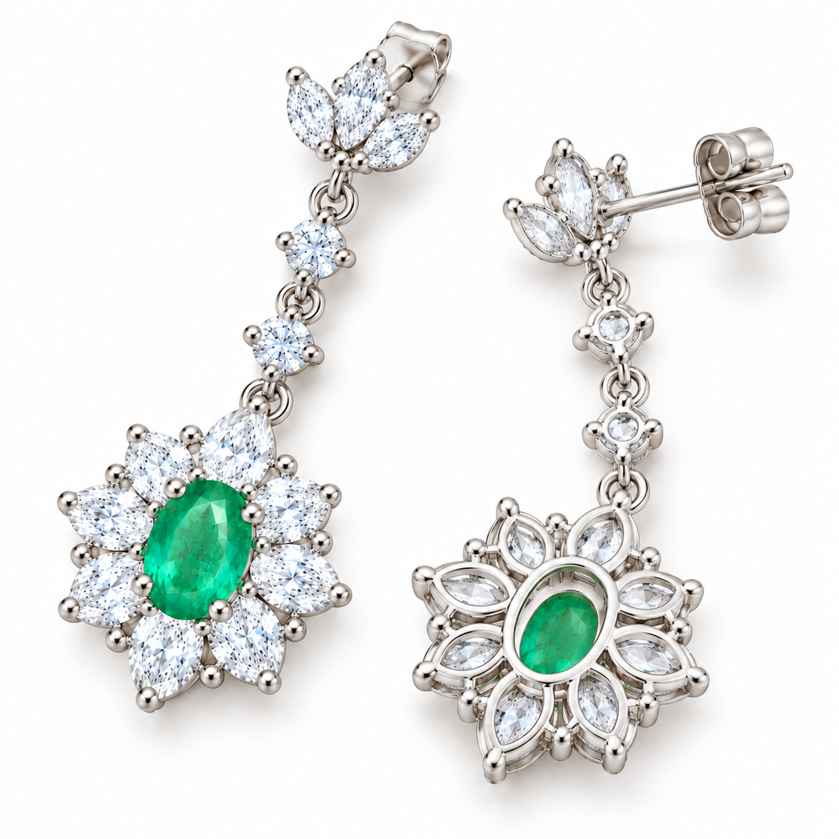 Natural Emerald 4x6mm Oval Floral Halo Dangle Earrings in 925 Sterling Silver with CZ