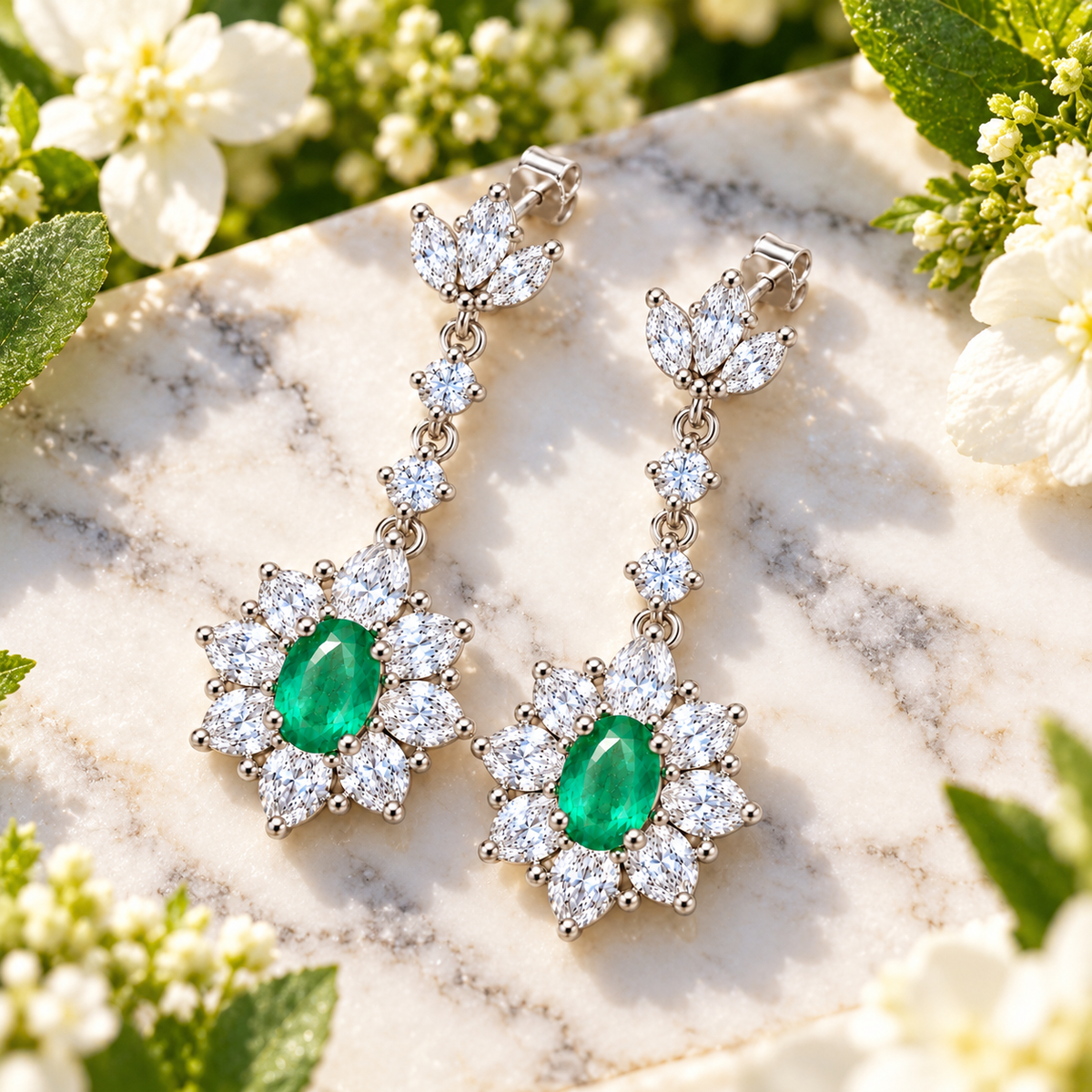 Natural Emerald 4x6mm Oval Floral Halo Dangle Earrings in 925 Sterling Silver with CZ