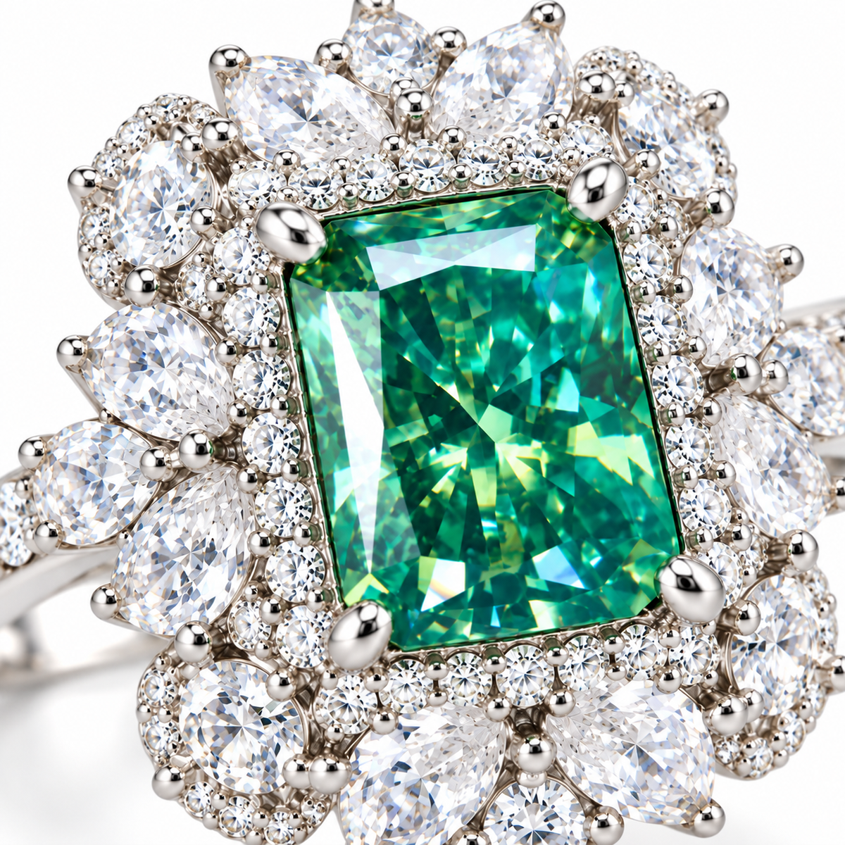 Close-up of VVS1 green radiant cut moissanite center gemstone surrounded by sparkling halo accents