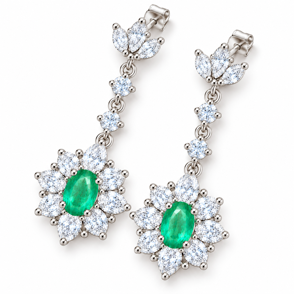 Natural Emerald 4x6mm Oval Floral Halo Dangle Earrings in 925 Sterling Silver with CZ