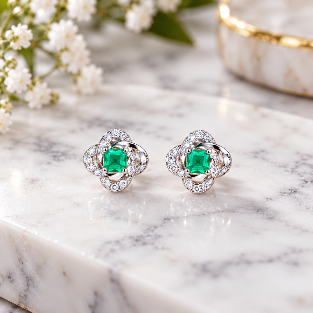 Natural Emerald 3mm Square Cut Clover Knot Stud Earrings in 925 Sterling Silver