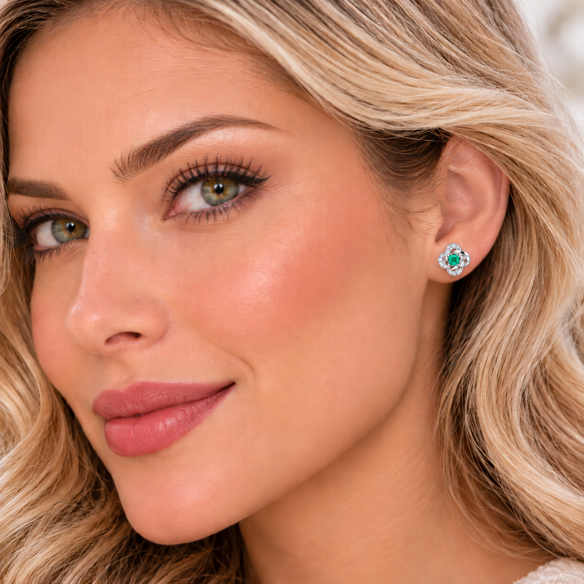 Natural Emerald 3mm Square Cut Clover Knot Stud Earrings in 925 Sterling Silver