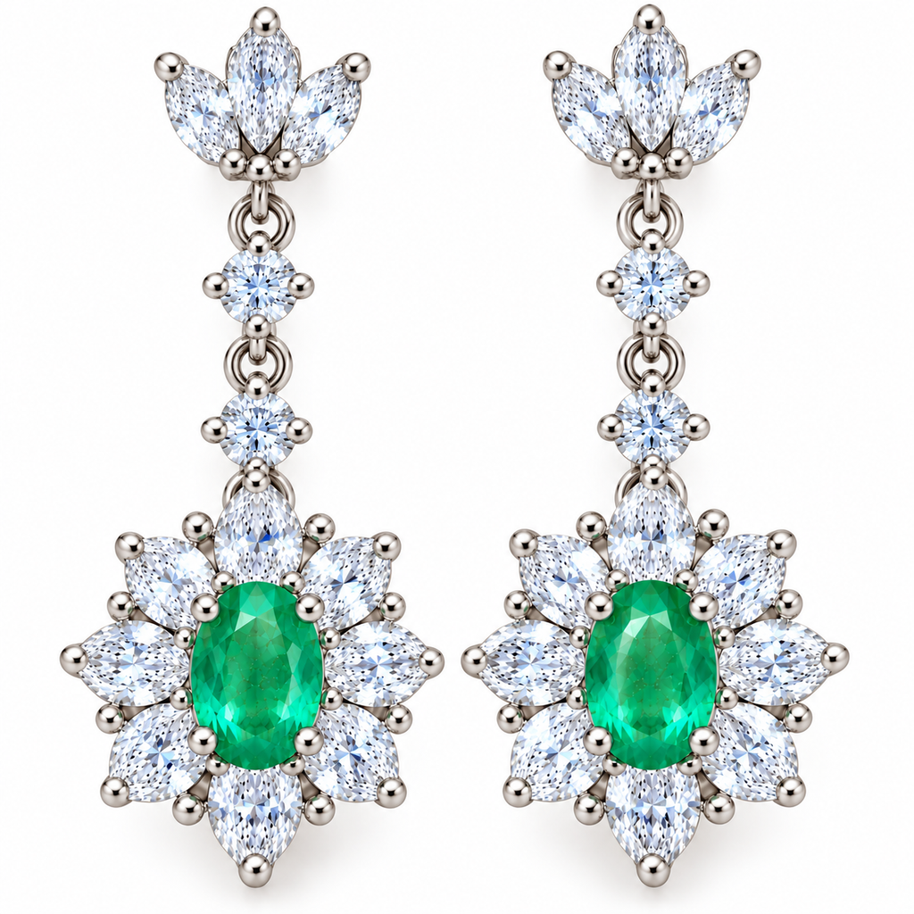 Natural Emerald 4x6mm Oval Floral Halo Dangle Earrings in 925 Sterling Silver with CZ