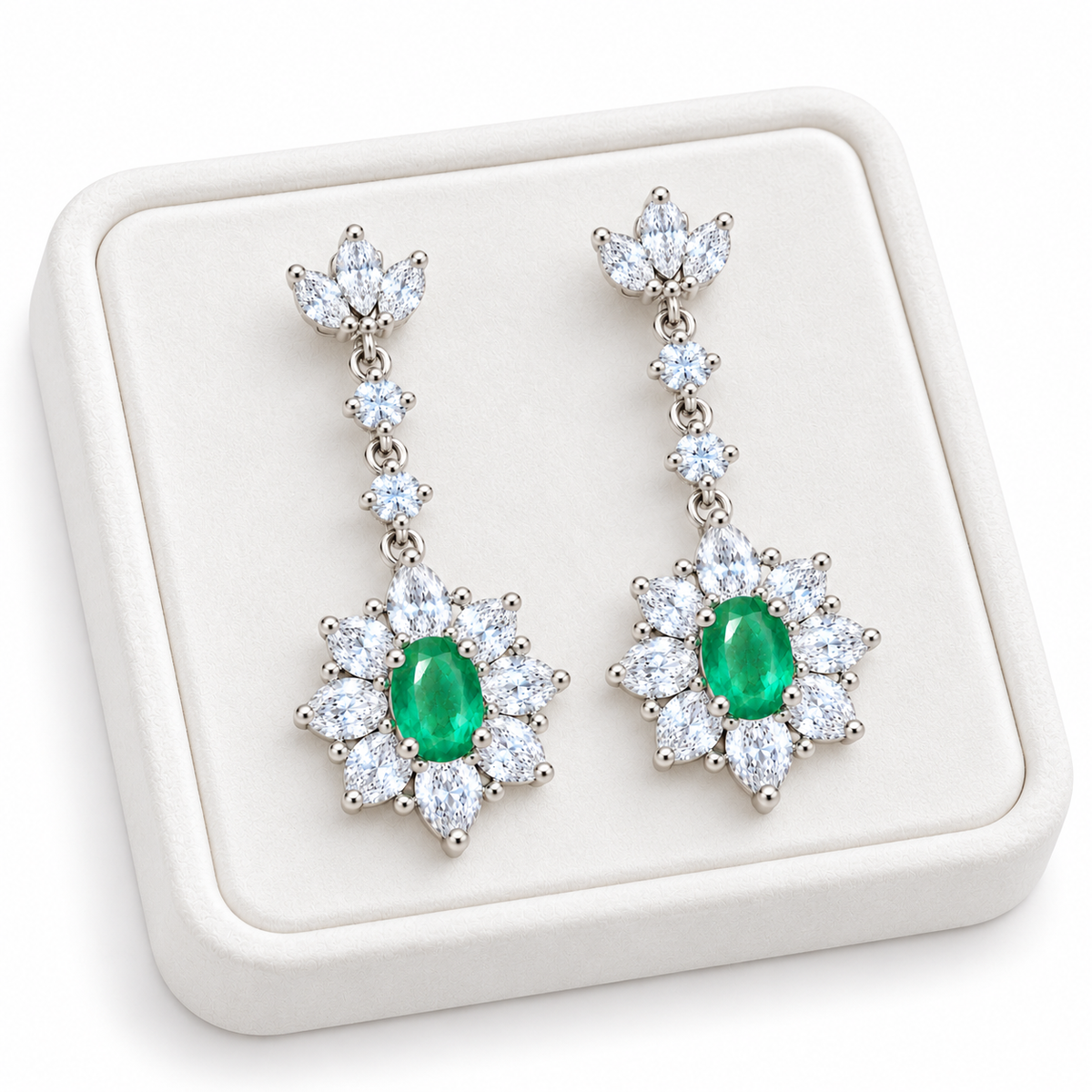 Natural Emerald 4x6mm Oval Floral Halo Dangle Earrings in 925 Sterling Silver with CZ