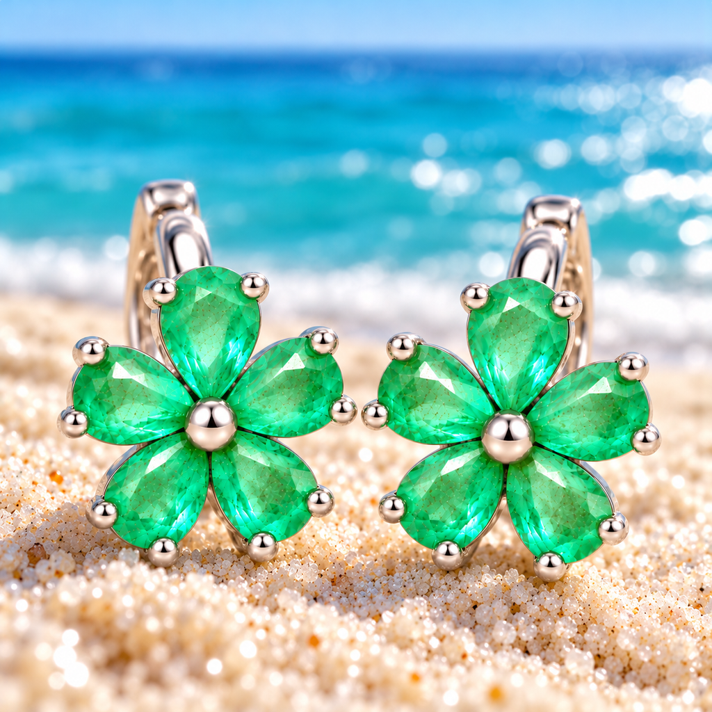 Natural Emerald Flower Huggie Hoop Earrings with 3x4mm Pear Cut Gemstones in 925 Sterling Silver