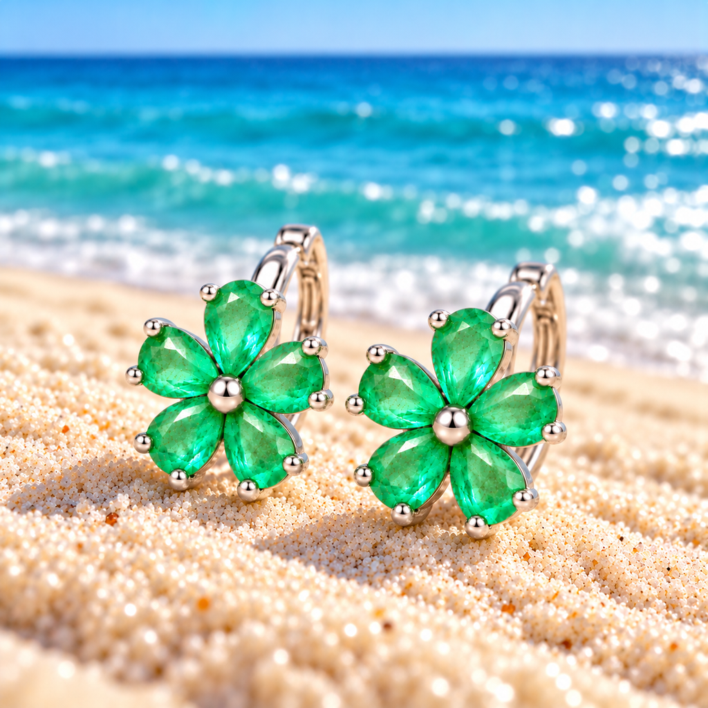 Natural Emerald Flower Huggie Hoop Earrings with 3x4mm Pear Cut Gemstones in 925 Sterling Silver