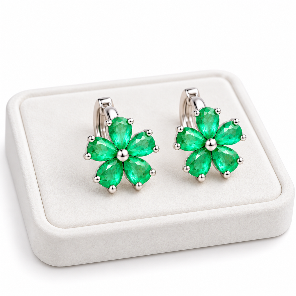 Natural Emerald Flower Huggie Hoop Earrings with 3x4mm Pear Cut Gemstones in 925 Sterling Silver