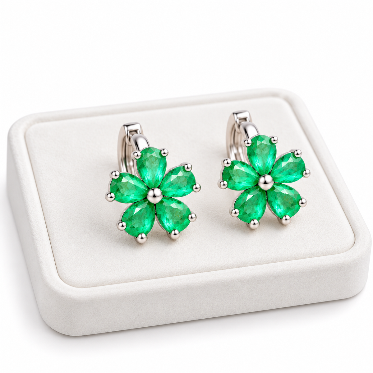 Natural Emerald Flower Huggie Hoop Earrings with 3x4mm Pear Cut Gemstones in 925 Sterling Silver