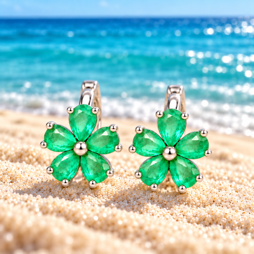 Natural Emerald Flower Huggie Hoop Earrings with 3x4mm Pear Cut Gemstones in 925 Sterling Silver