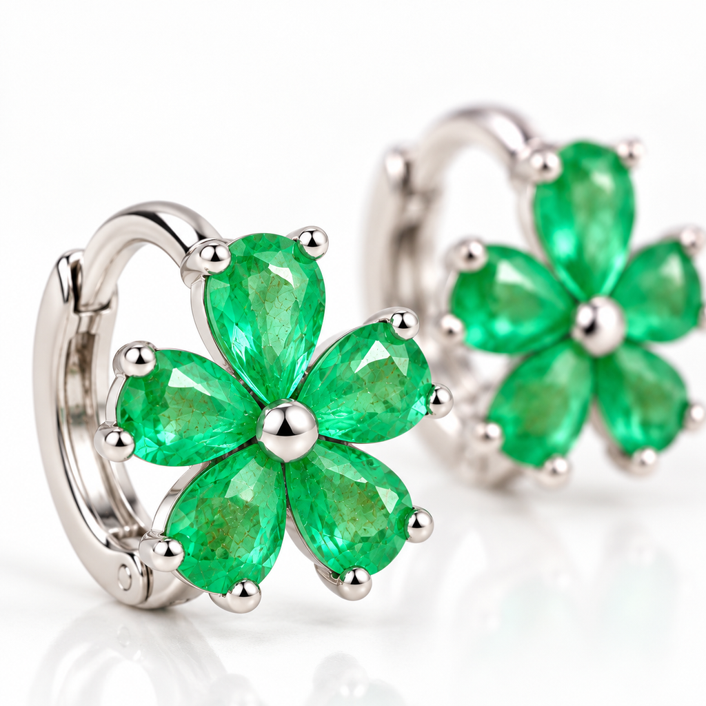 Natural Emerald Flower Huggie Hoop Earrings with 3x4mm Pear Cut Gemstones in 925 Sterling Silver