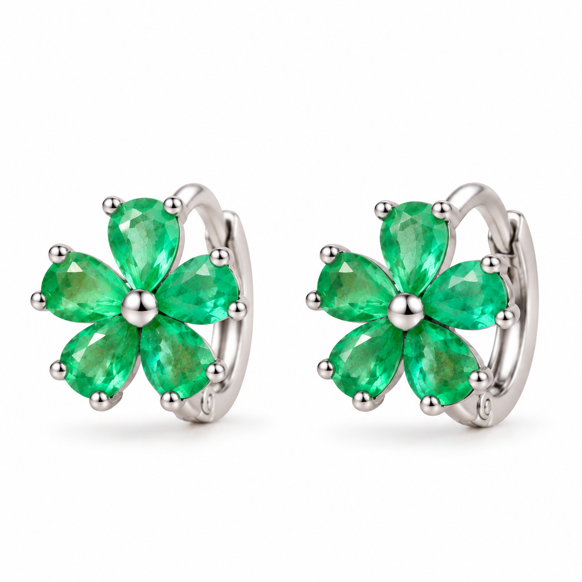Natural Emerald Flower Huggie Hoop Earrings with 3x4mm Pear Cut Gemstones in 925 Sterling Silver
