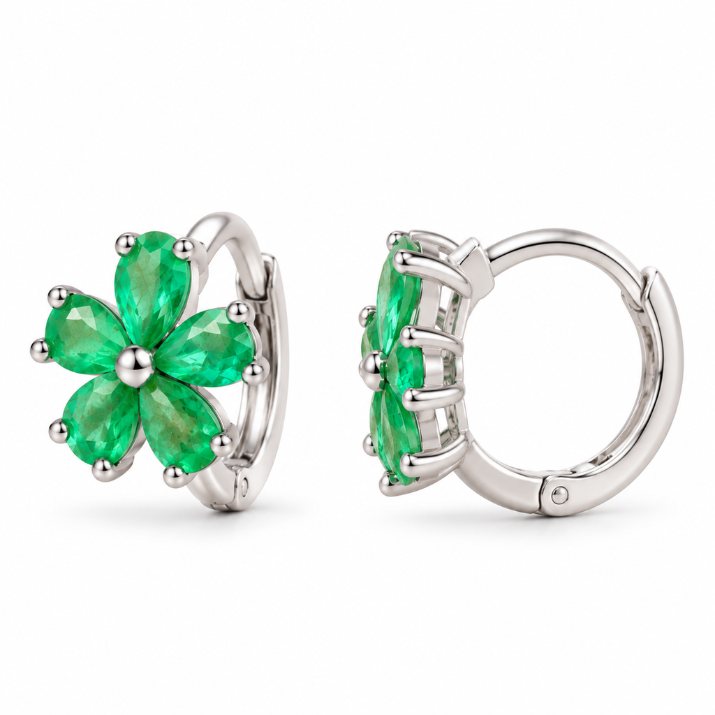 Natural Emerald Flower Huggie Hoop Earrings with 3x4mm Pear Cut Gemstones in 925 Sterling Silver