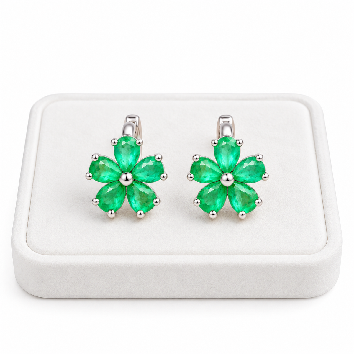 Natural Emerald Flower Huggie Hoop Earrings with 3x4mm Pear Cut Gemstones in 925 Sterling Silver