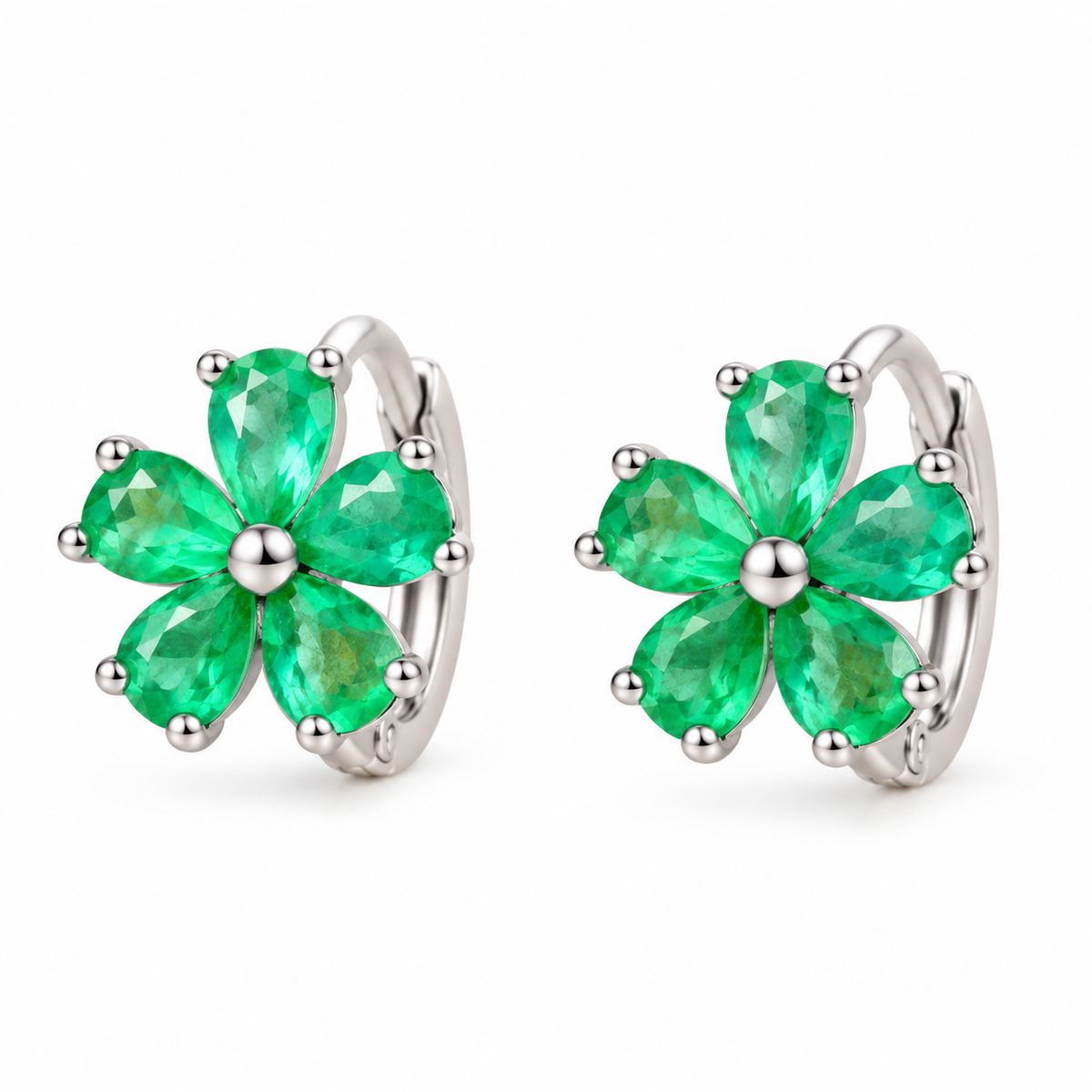 Natural Emerald Flower Huggie Hoop Earrings with 3x4mm Pear Cut Gemstones in 925 Sterling Silver