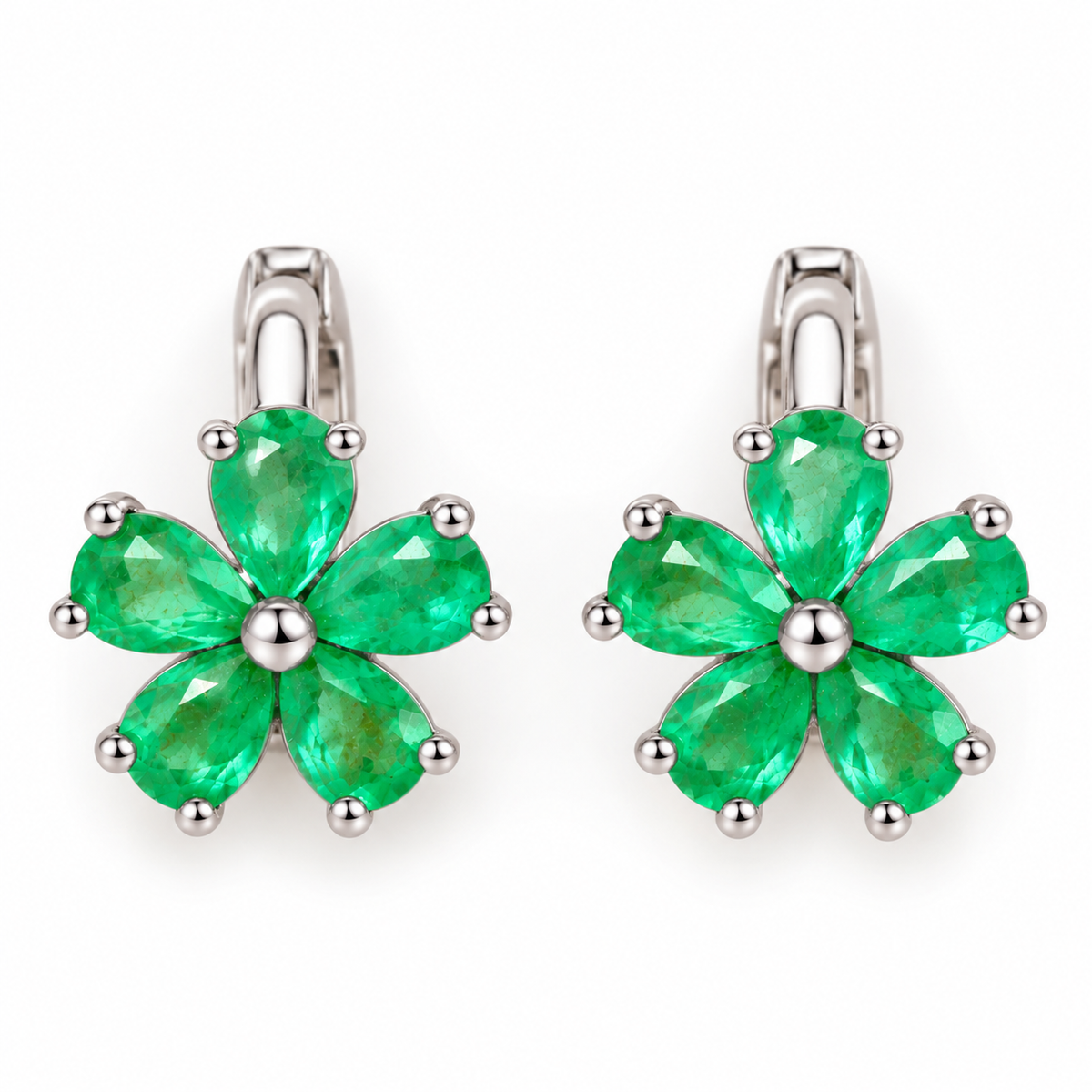 Natural Emerald Flower Huggie Hoop Earrings with 3x4mm Pear Cut Gemstones in 925 Sterling Silver
