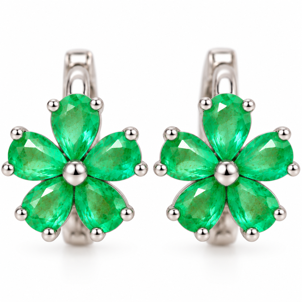 Natural Emerald Flower Huggie Hoop Earrings with 3x4mm Pear Cut Gemstones in 925 Sterling Silver