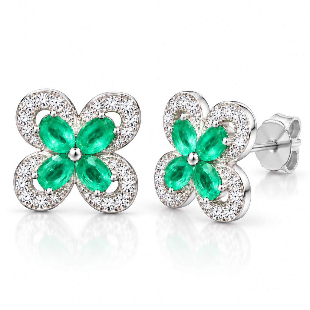 Natural Emerald 3x4mm Oval Four Leaf Clover Flower Stud Earrings in 925 Sterling Silver