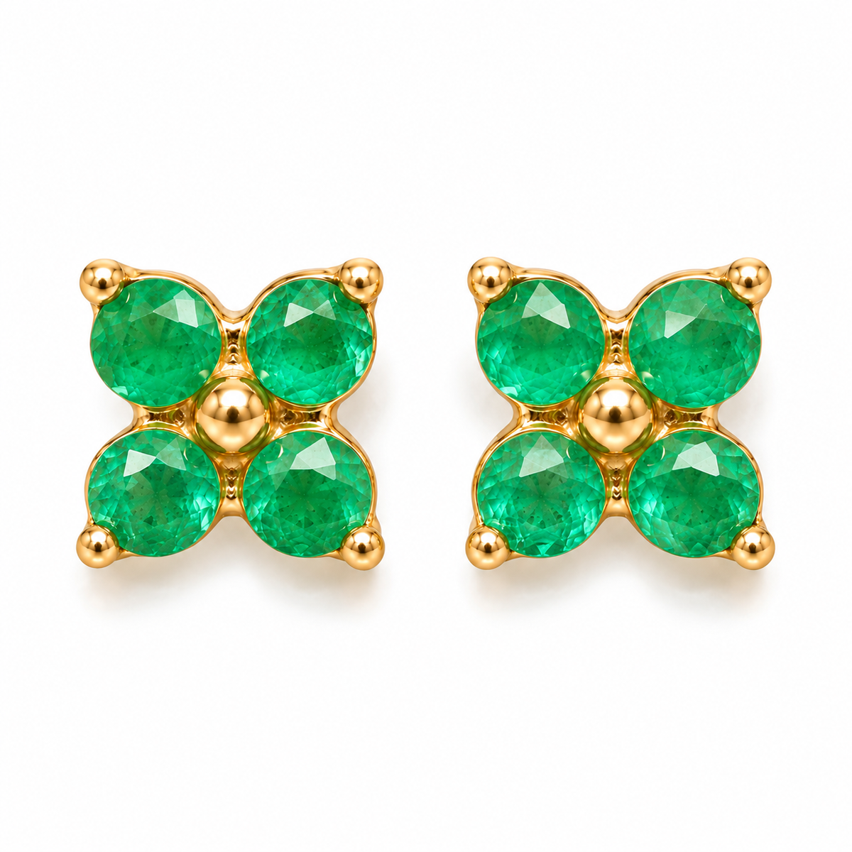 Natural Emerald 3mm Four Leaf Clover Stud Earrings in 925 Sterling Silver Gold Plated