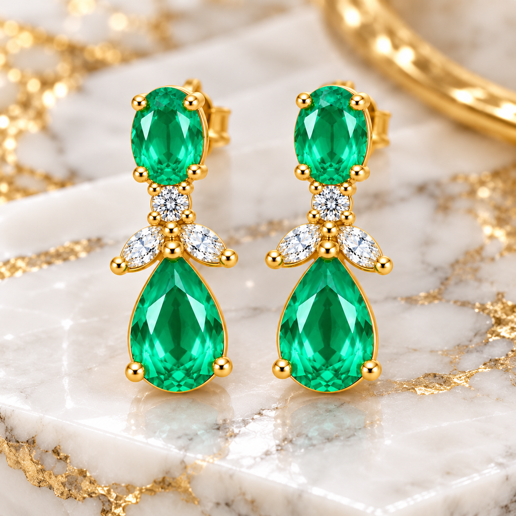 Natural Emerald 4x6mm Oval and Pear Cut Drop Earrings in Gold Plated 925 Sterling Silver