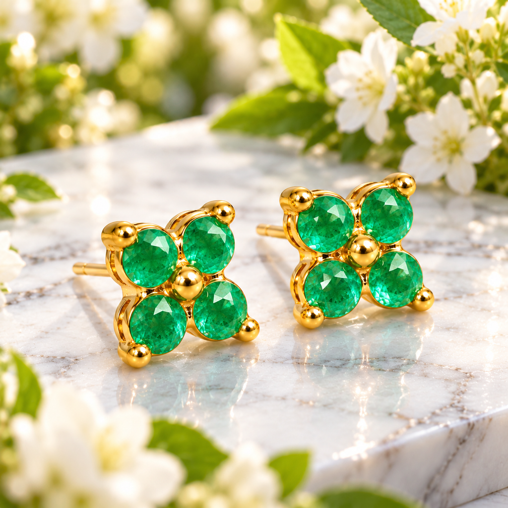 Natural Emerald 3mm Four Leaf Clover Stud Earrings in 925 Sterling Silver Gold Plated