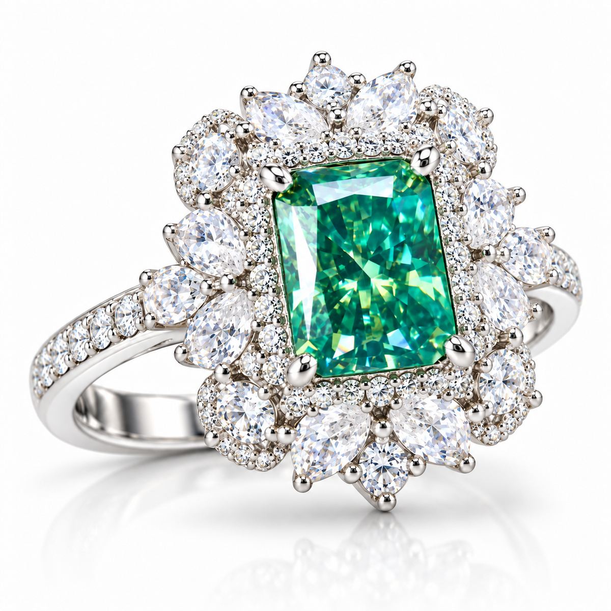 Radiant cut VVS1 green moissanite ring with elaborate halo setting in 925 sterling silver