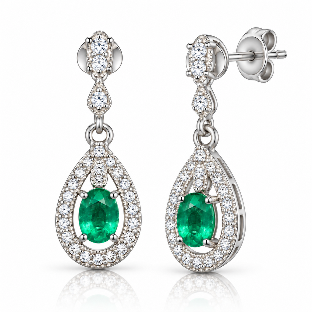 Natural Emerald 4x5mm Oval Teardrop Halo Dangle Earrings in 925 Sterling Silver with CZ