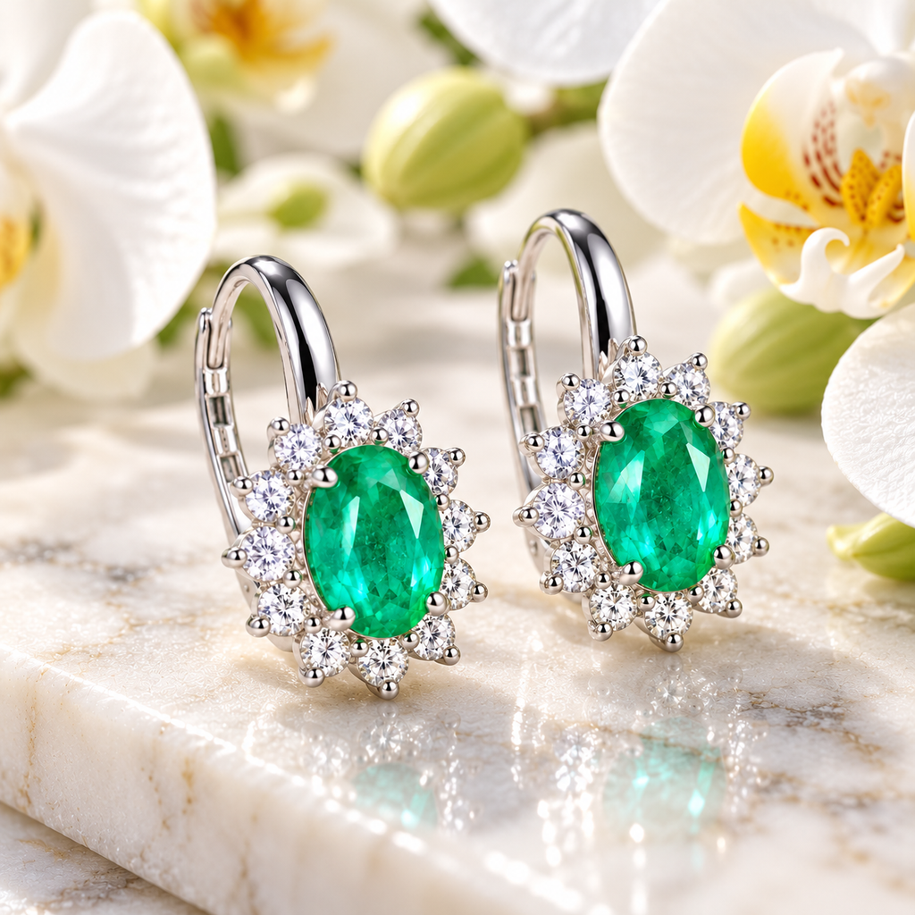 Natural Emerald 4x5mm Oval Halo Huggie Hoop Earrings in 925 Sterling Silver with CZ