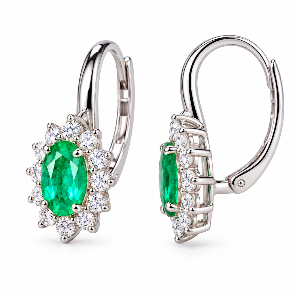 Natural Emerald 4x5mm Oval Halo Huggie Hoop Earrings in 925 Sterling Silver with CZ